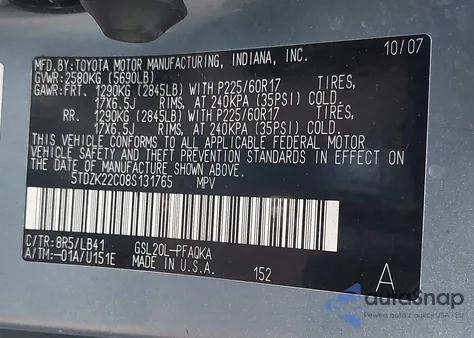 2008 Toyota Sienna Limited z USA, uszkodzony, nr VIN 5TDZK22C08S131765